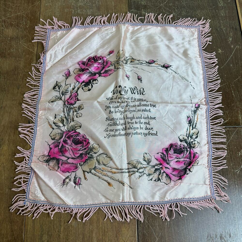 Vintage 40s 50s To My Wife Romantic Poem Satin Pillow‎ Cover with pink roses